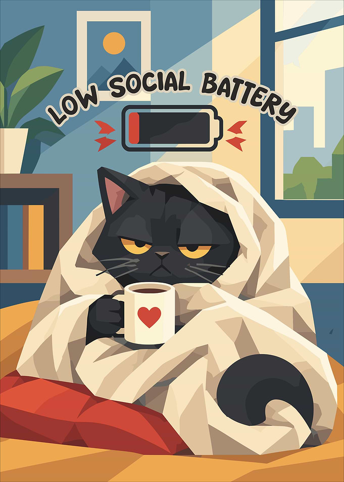 Low Social Battery Cat Illustration