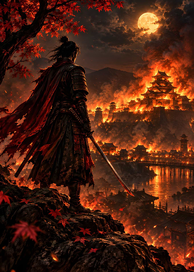Samurai Watching Burning Castle At Night