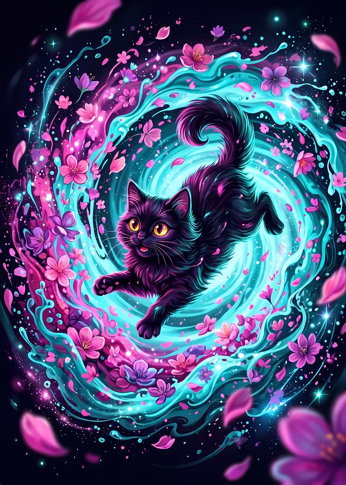 Magical Black Cat in Floral Vortex