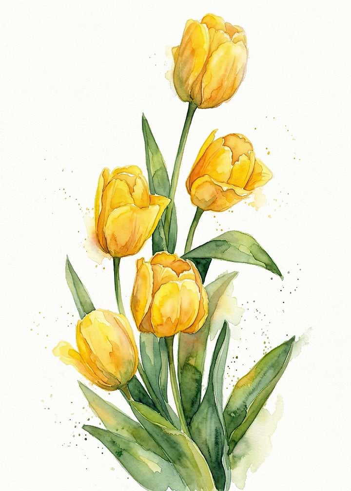 Watercolor Illustration of Yellow Tulips