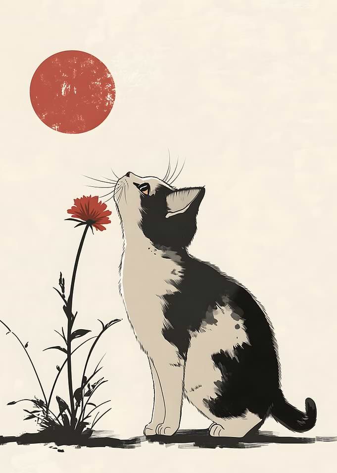 Minimalist Cat Sniffing Red Flower Looking at Red Moon