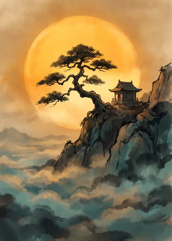 Zen Temple on Misty Mountain Peak