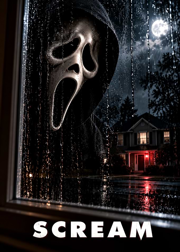 Ghostface Stalking Through Rainy Window