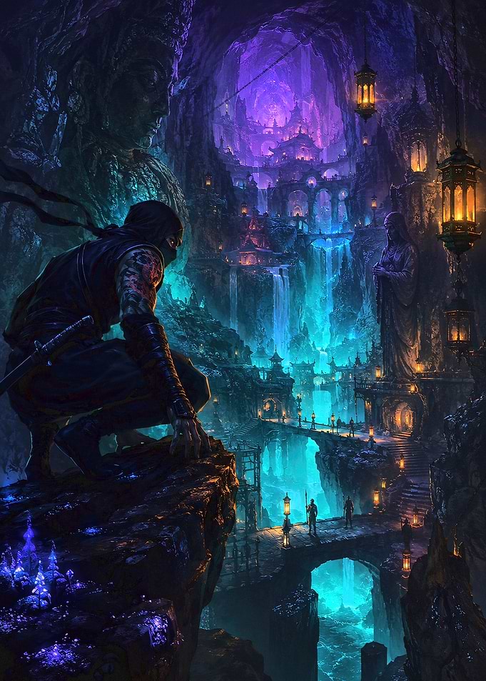 Ninja overlooking a glowing underground city