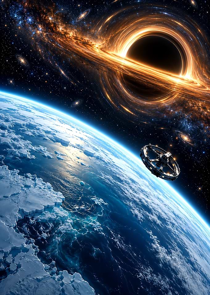 Space Station Near Earth and Black Hole