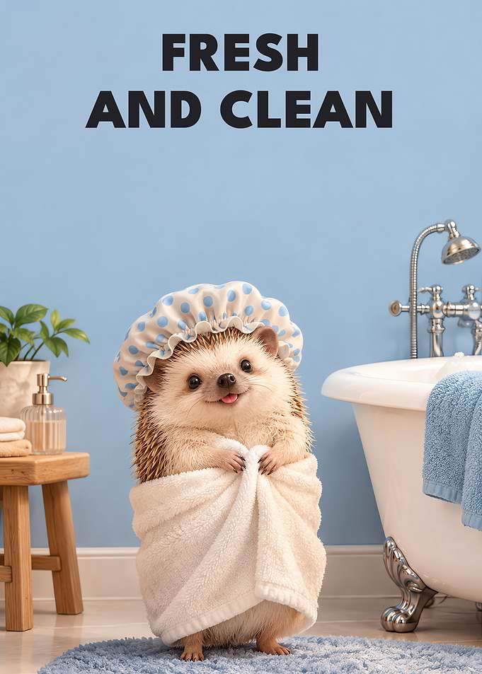 Fresh And Clean Hedgehog Shower Cap Towel Bathroom Art