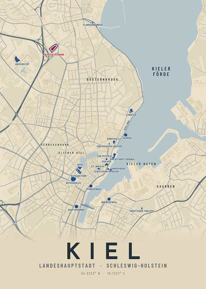 Kiel Germany City Map with Landmarks | Vintage