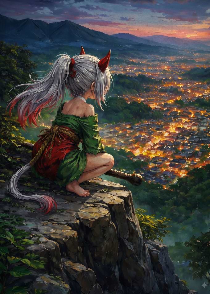 Oni Girl Watching Over City Sunset