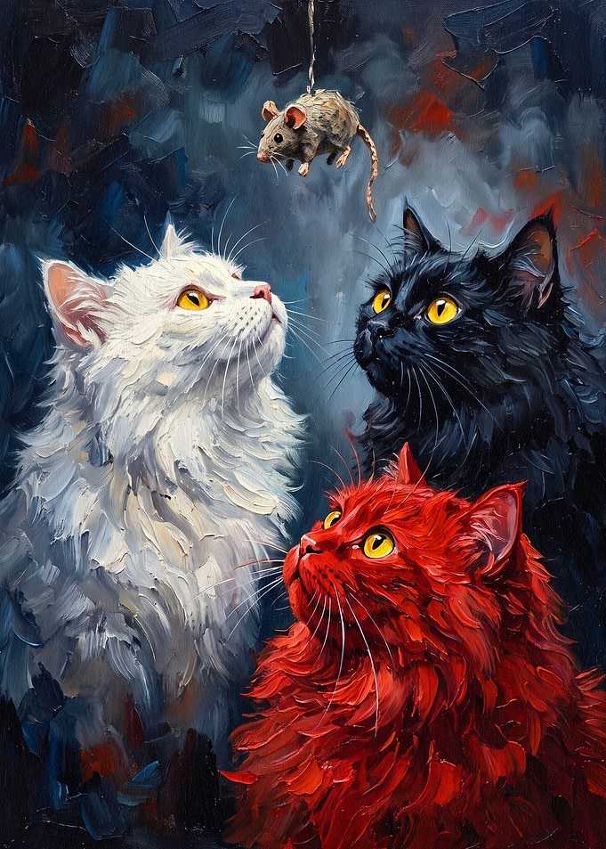 Three Cats Watching a Toy Mouse