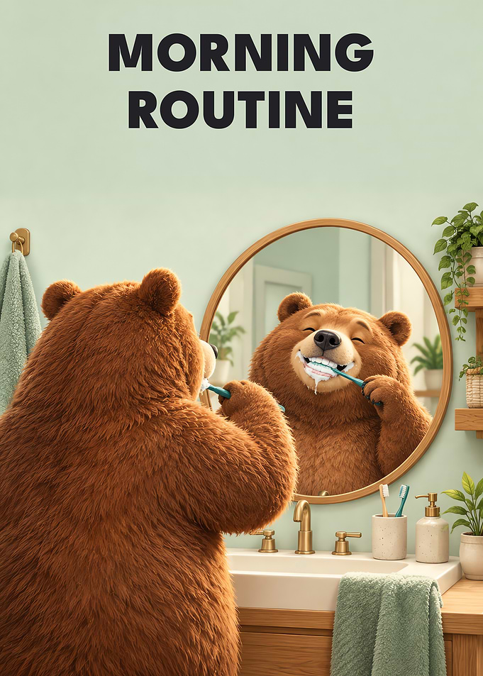 Morning Routine Bear Brushing Teeth Mirror Funny Art