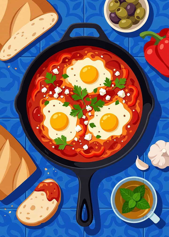 Shakshuka Breakfast Flat Lay Illustration