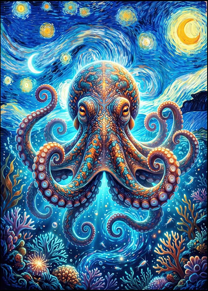 Starry Night Octopus Underwater Fantasy