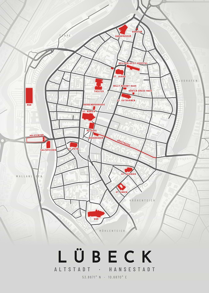 Lübeck Germany City Map with Landmarks
