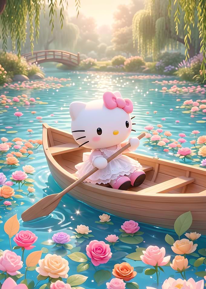 Hello Kitty Rowing in Flower Pond