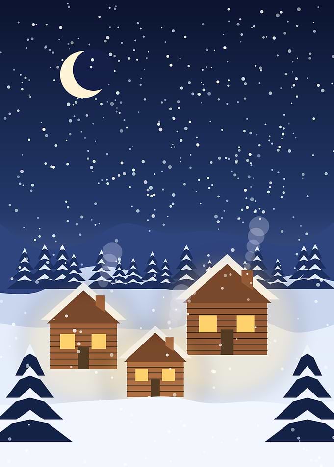 Snowy Cabins Under a Starry Night Winter Christmas Poster