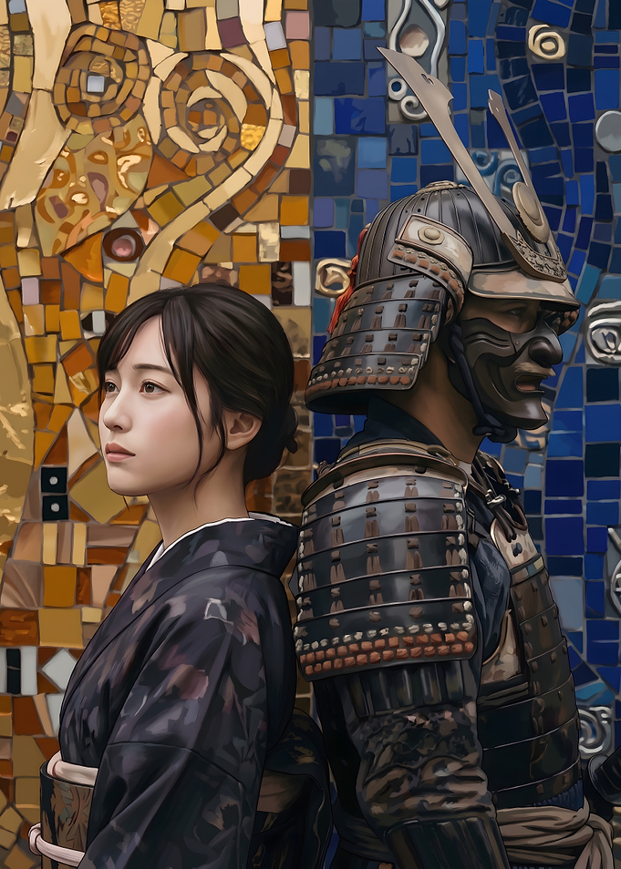 Samurai and Kimono Woman in Gold Mosaic