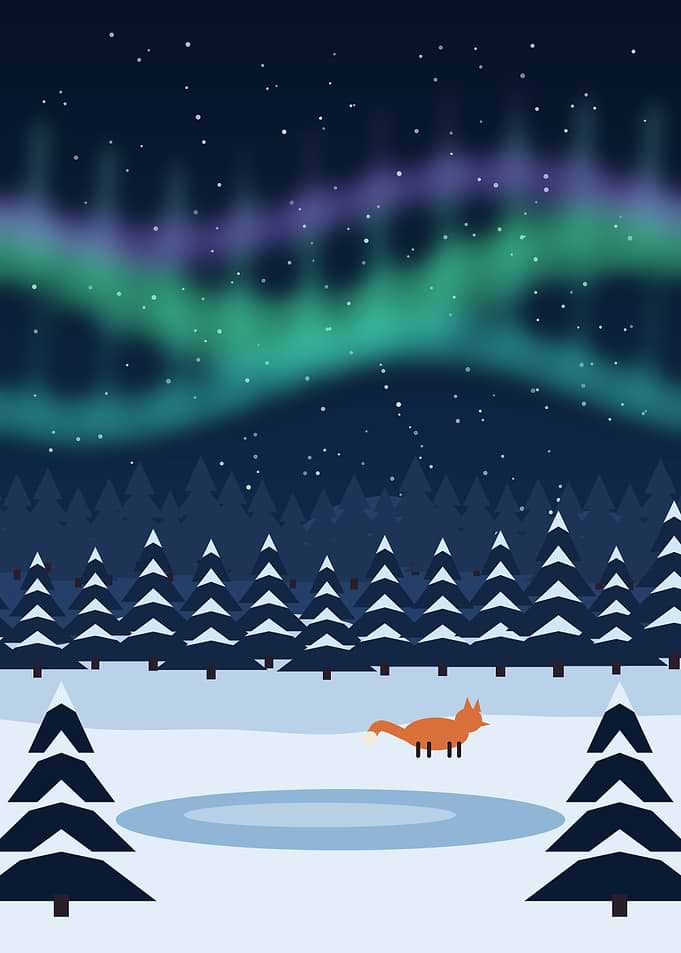 Winter Woodland Aurora with Fox and Frozen Lake