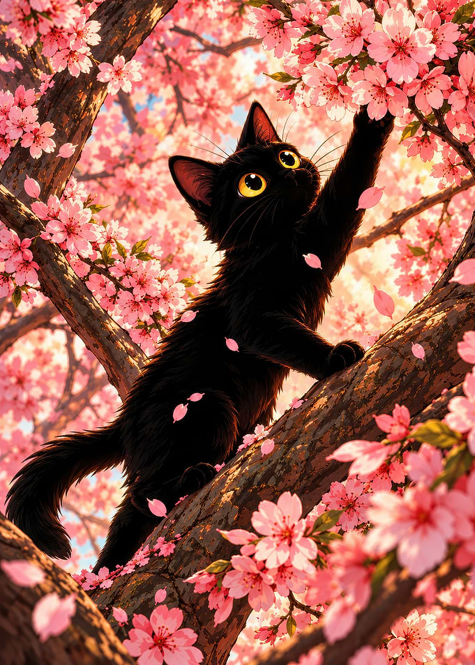 Black Kitten in Cherry Blossom Tree