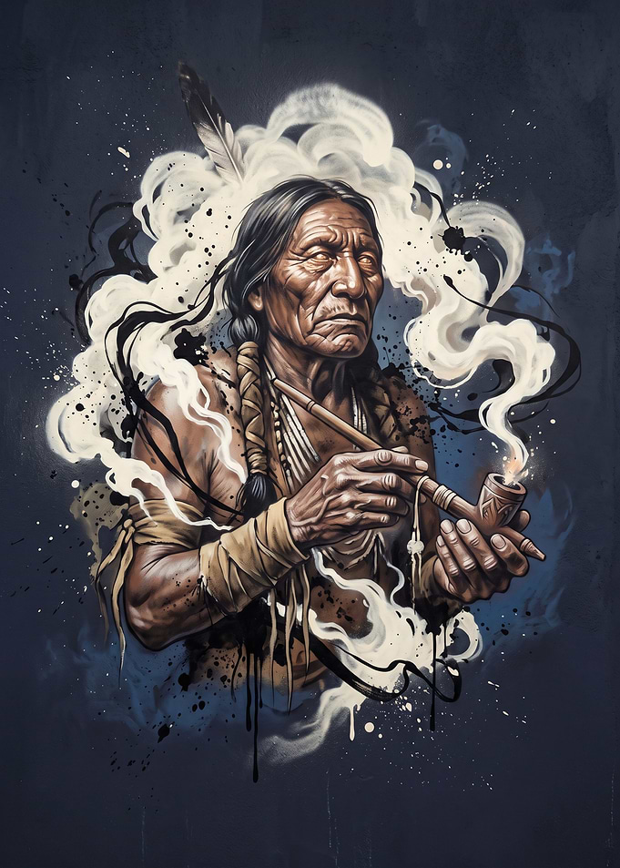 Native American Elder Smoking Pipe Portrait