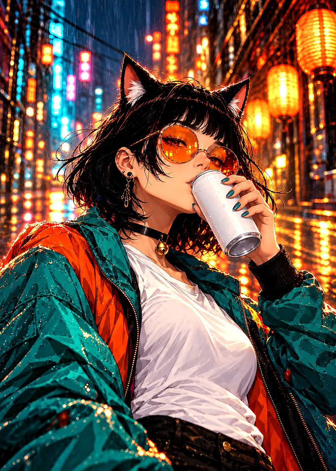 Anime Cat Girl in Rainy City