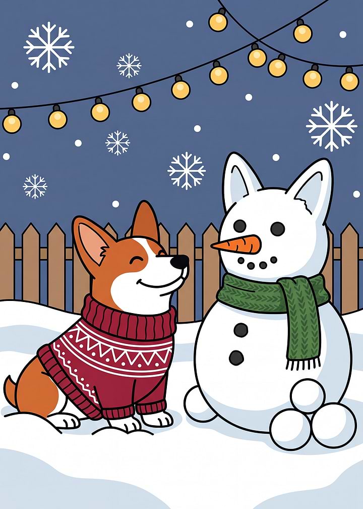 Corgi and Snowman Winter Scene