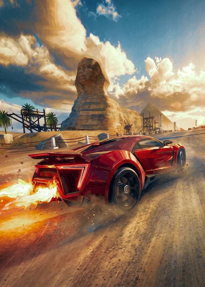 Red Supercar Racing Past the Sphinx