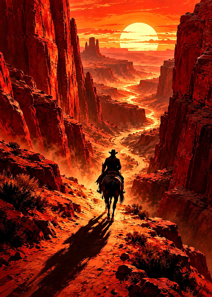 Lone Cowboy Riding Through Red Canyon