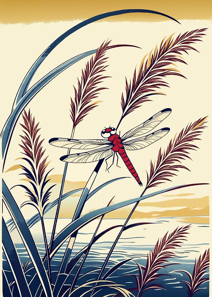Crimson Dragonflies – Dance Among Autumn Reeds