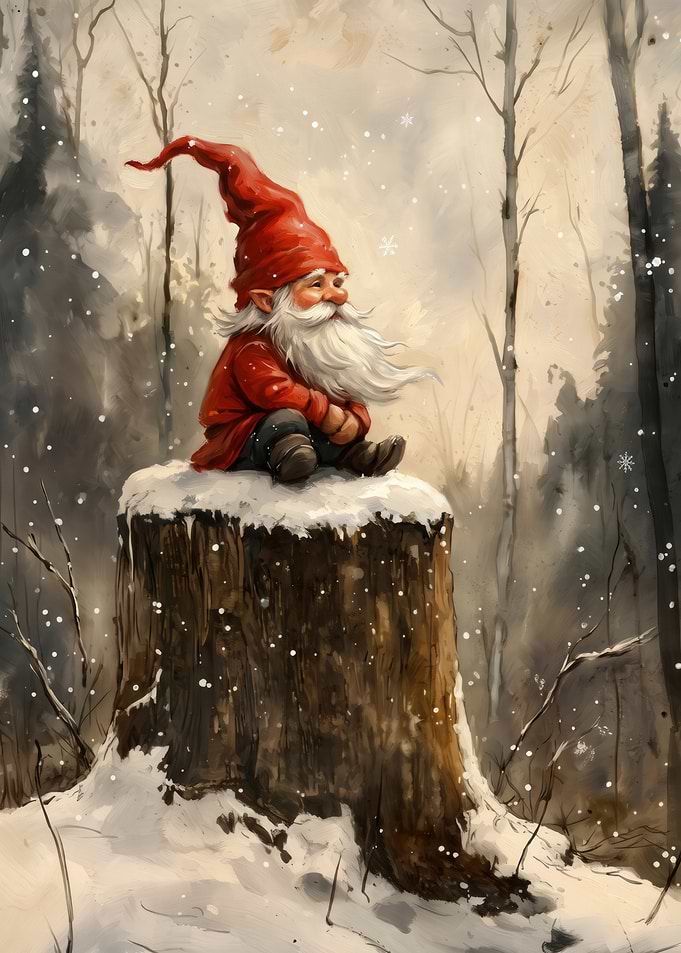 Whimsical Garden Gnome in Winter Forest