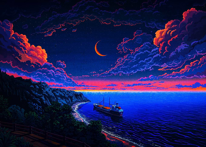 Neon Ocean Ship Night Landscape