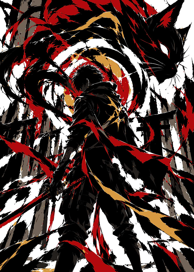 Anime Warrior with Shadow Cat Spirit