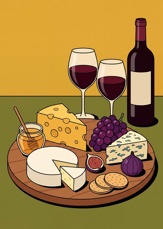 Illustrated Wine and Cheese Board