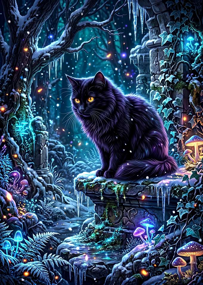 Mystical Black Cat in Winter Forest