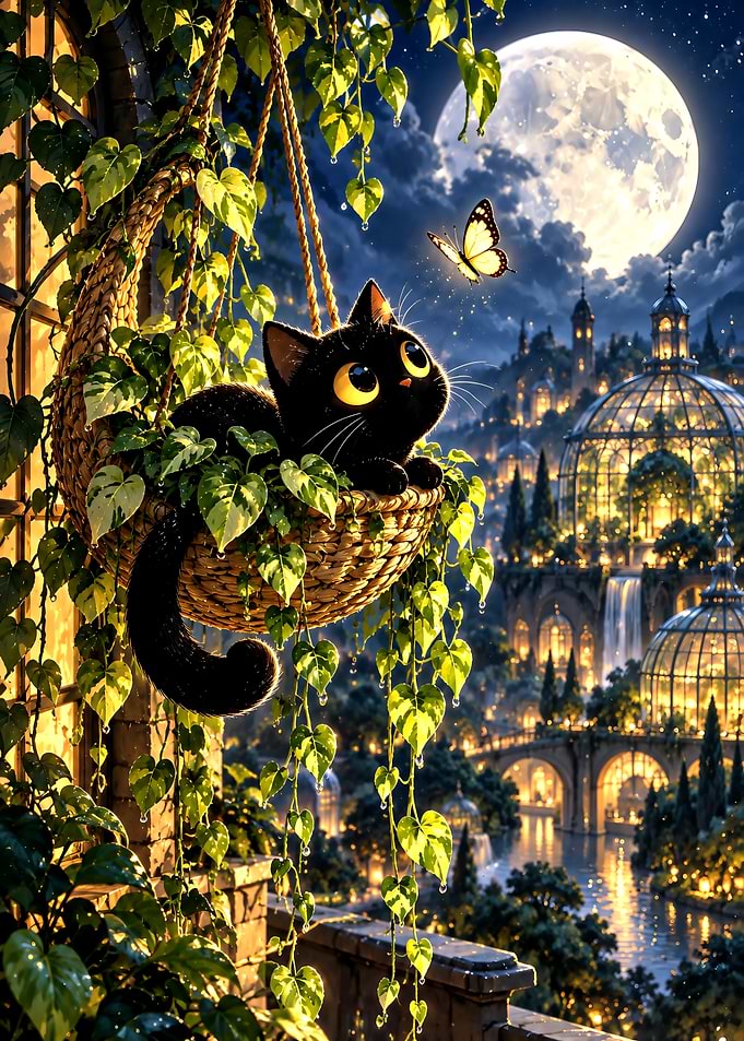Black Cat in Hanging Basket