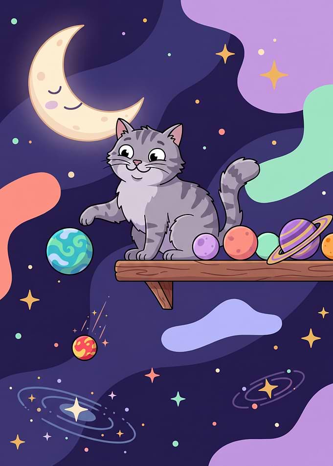 Cute Cat Pushing Planets off the Shelf