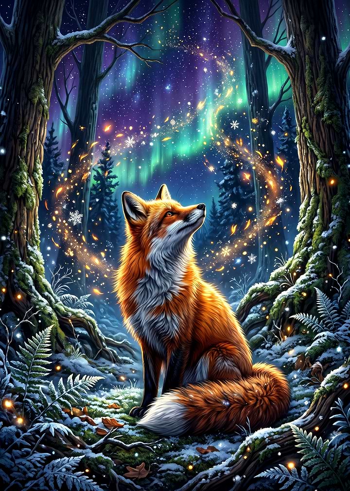 Magical Fox Under Northern Lights