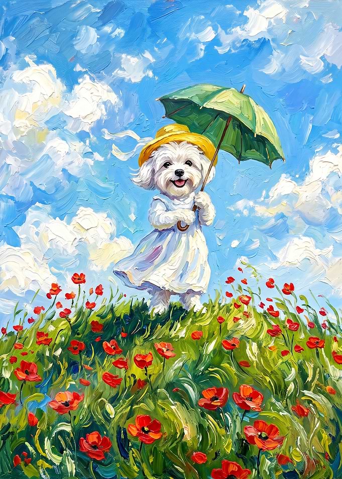 Woman With Parasol Dog On Hill