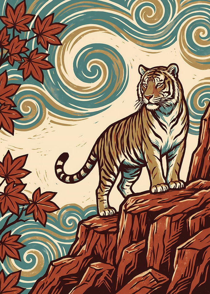Tiger on Rocky Cliff Illustration