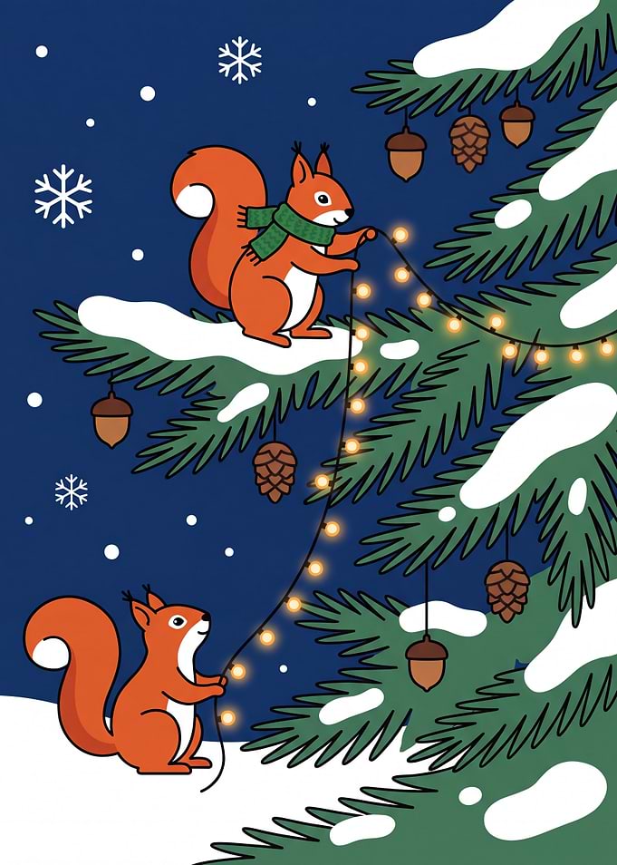 Cute Squirrels Decorating Christmas Tree
