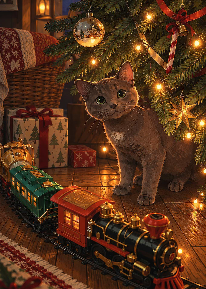 Cute Cat Under Christmas Tree