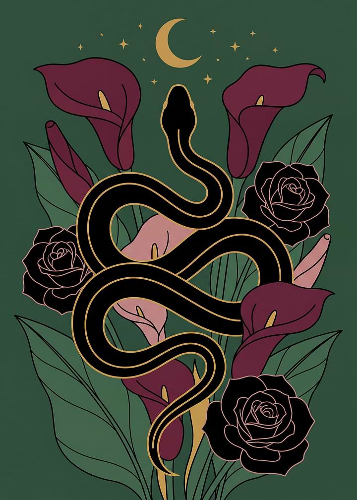 Black Snake with Calla Lilies and Crescent Moon
