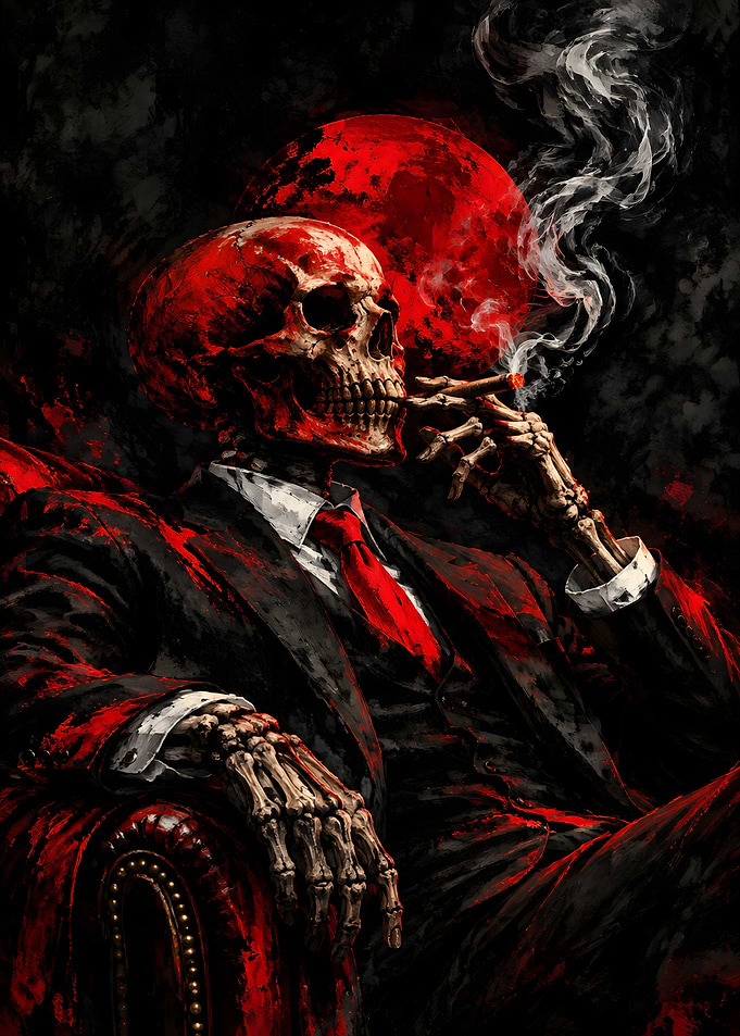 Skeleton in Suit Smoking Cigar
