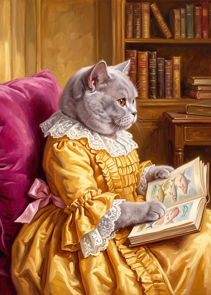 Elegant Cat Reading a Fish Book