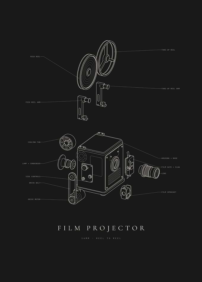 Exploded View Film Projector Blueprint