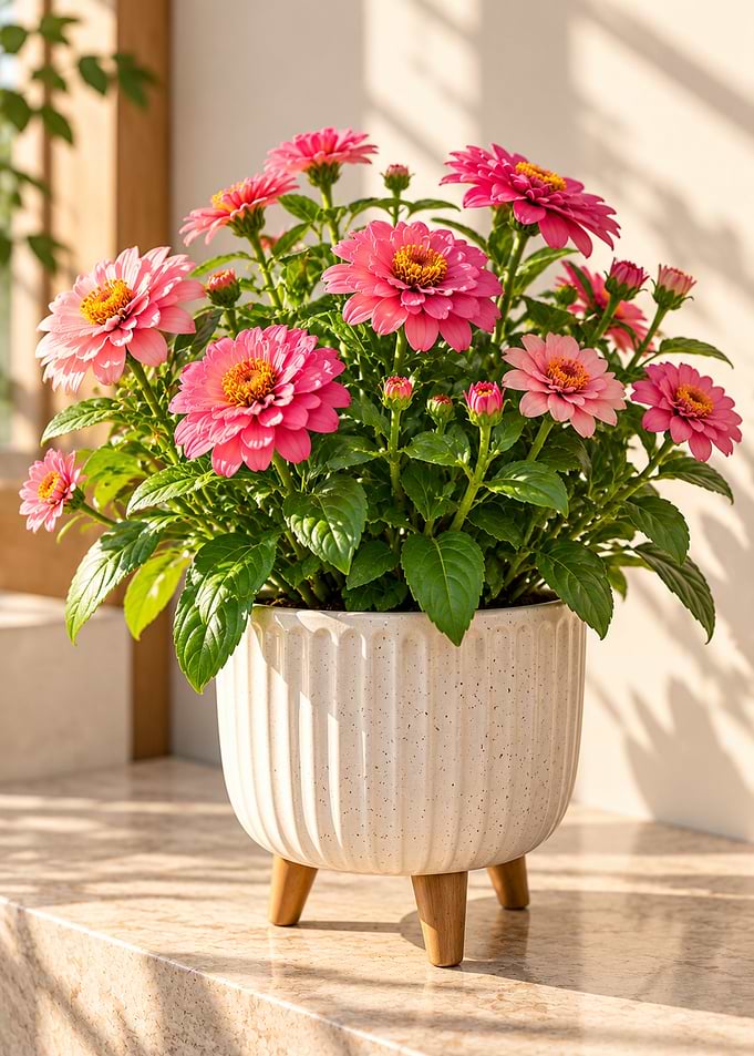 Potted Pink Zinnia Flowers