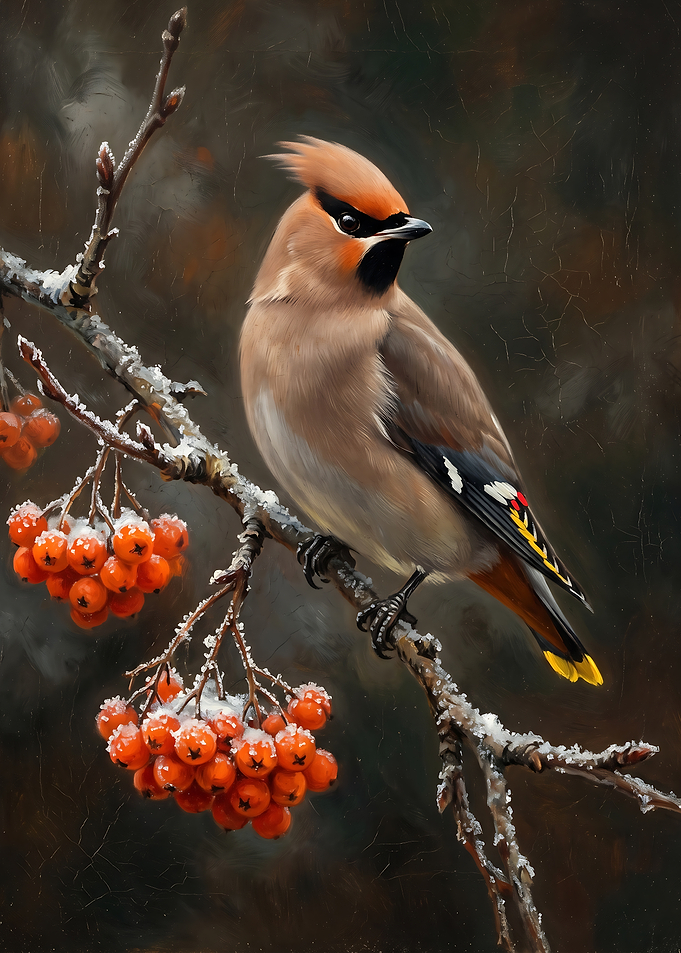 Waxwing Bird on Snowy Rowan Branch
