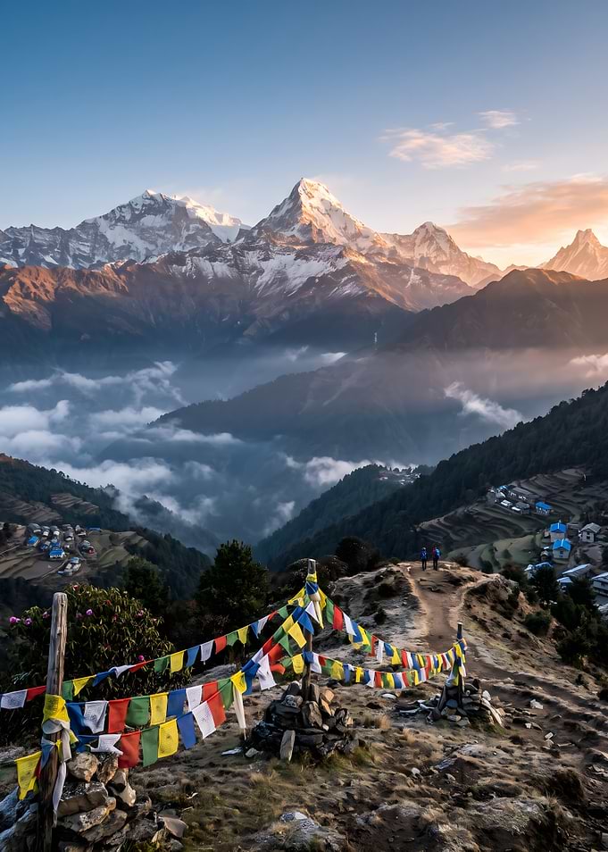 Himalayan Sunrise with Prayer Flags
