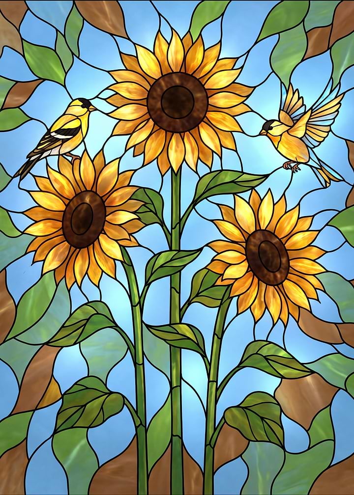 Stained Glass Sunflowers and Goldfinches