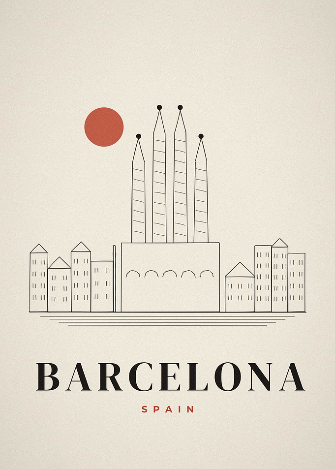 Barcelona Skyline Ink Sketch Cathedral Spires