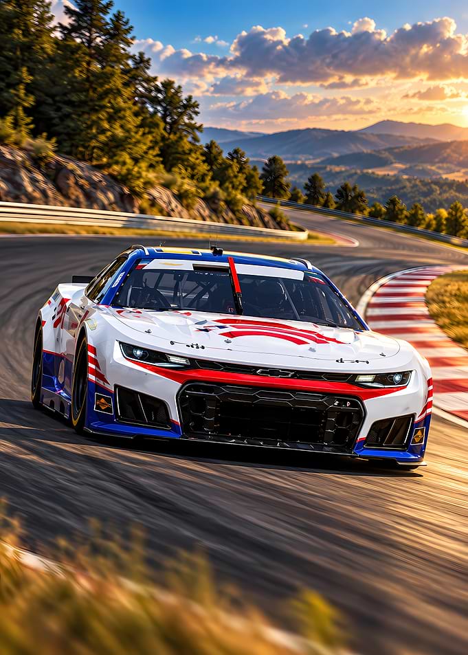 Patriotic Chevrolet Race Car on Track